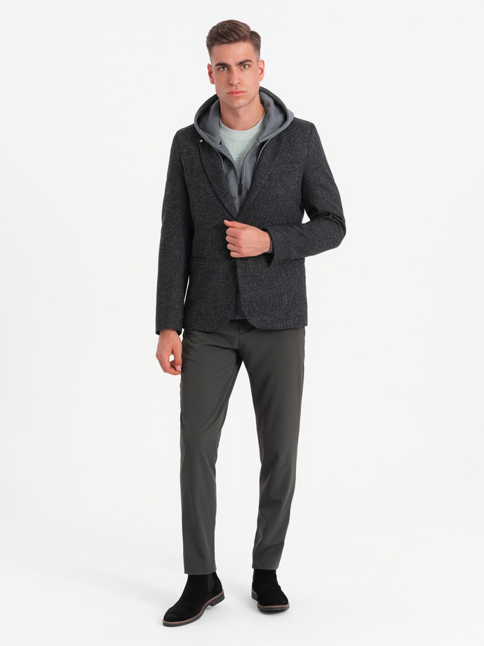 Men's casual blazer with decorative pin on lapel - graphite melange V2 OM-BLZB-0120