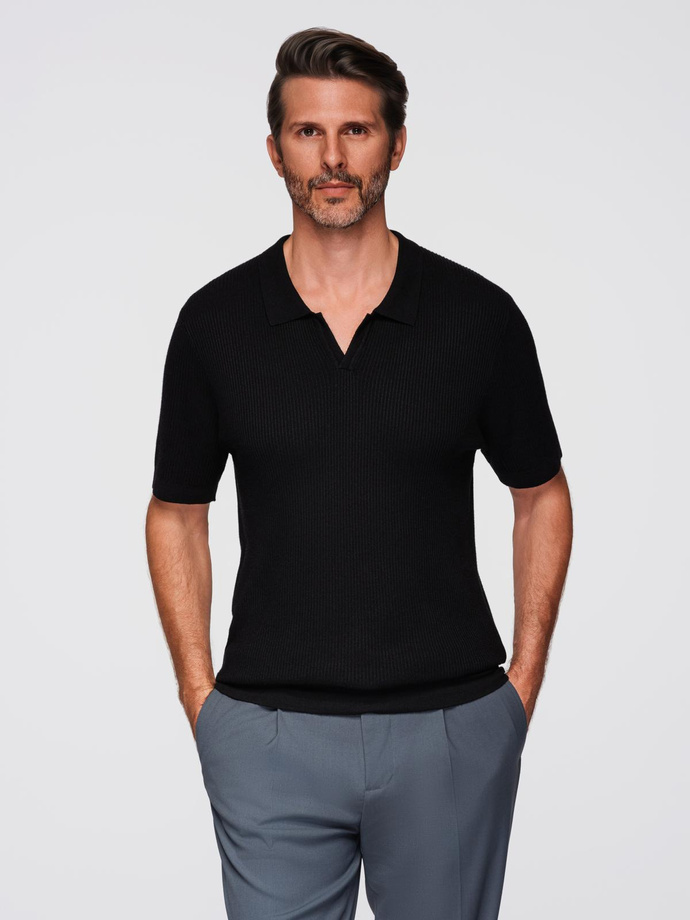 Men's buttonless polo shirt with open collar - black V2 OM-POSS-0160