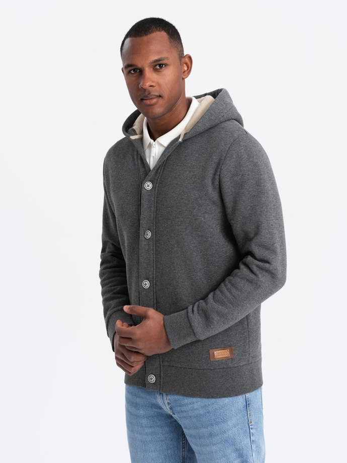 Men's button-down hooded sweatshirt - graphite melange V4 OM-SSZP-0186
