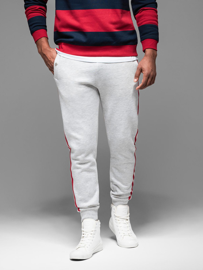 Men's sweatpants with piping and ribbing on legs - grey melange V1 OM-PASK-0258