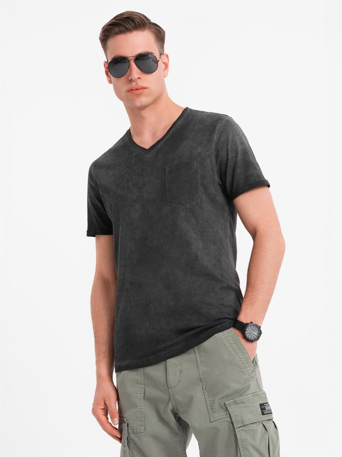 Męski bawełniany t-shirt V-neck z dzianiny z efektem sprania - czarny V6 OM-TSWT-0242