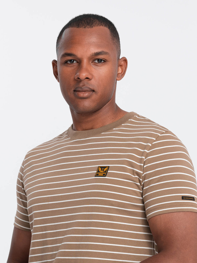 Men's striped t-shirt with Ombre Design patch - brown and white V7 OM-TSCT-0183