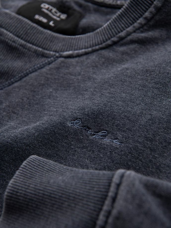 Washed men's sweatshirt with decorative stitching at the neckline - navy blue V4 OM-SSDS-0131