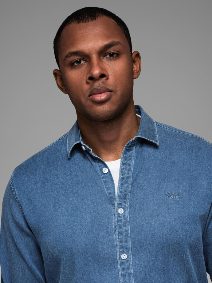 Men's denim shirt with lyocell and embroidery on the chest - blue V2 OM-SHDS-0180