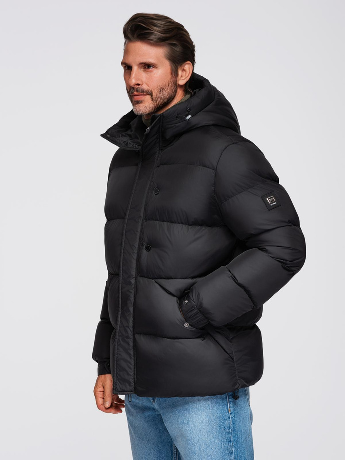 Men's quilted jacket with high zipped hood - black V1 OM-JAHP-0238