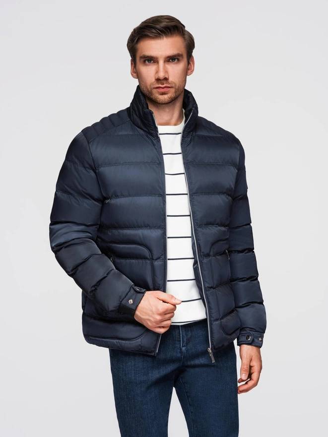 Men's quilted jacket with sheen and stand-up collar - dark blue V2 OM-JALP-0218