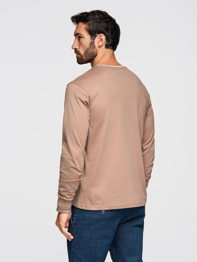 Men's cotton longsleeve with striped U neckline and embroidery - brown V6 OM-LSCL-0128