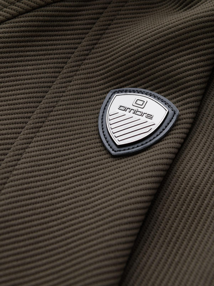 Kurtka męska o kroju biker ze strukturalnego materiału – ciemnooliwkowa V1 OM-JANP-0138