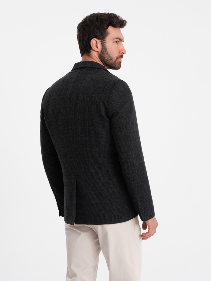 Żakardowa marynarka męska w delikatną kratę - czarna V2 OM-BLZB-0119
