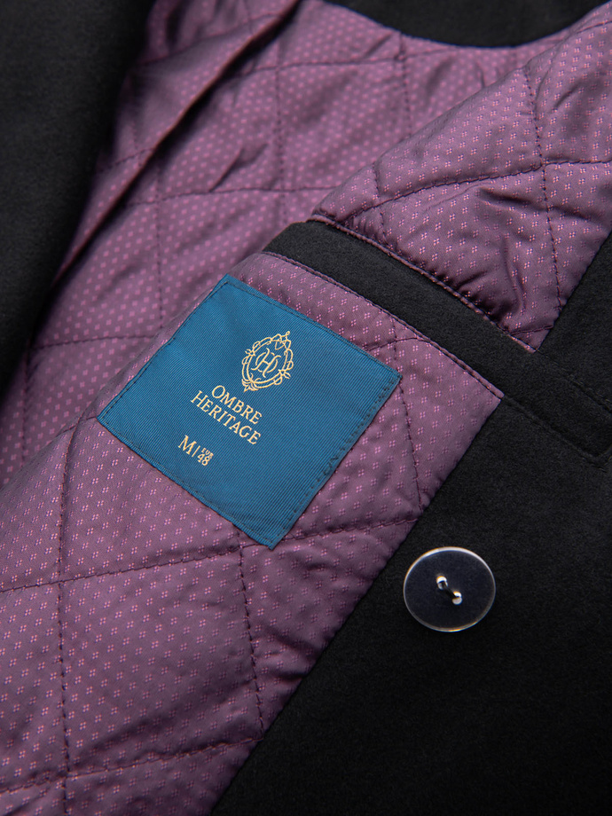 Dwurzędowy męski płaszcz z wełną z ozdobnymi aplikacjami – czarny V1 OM-COWC-0147