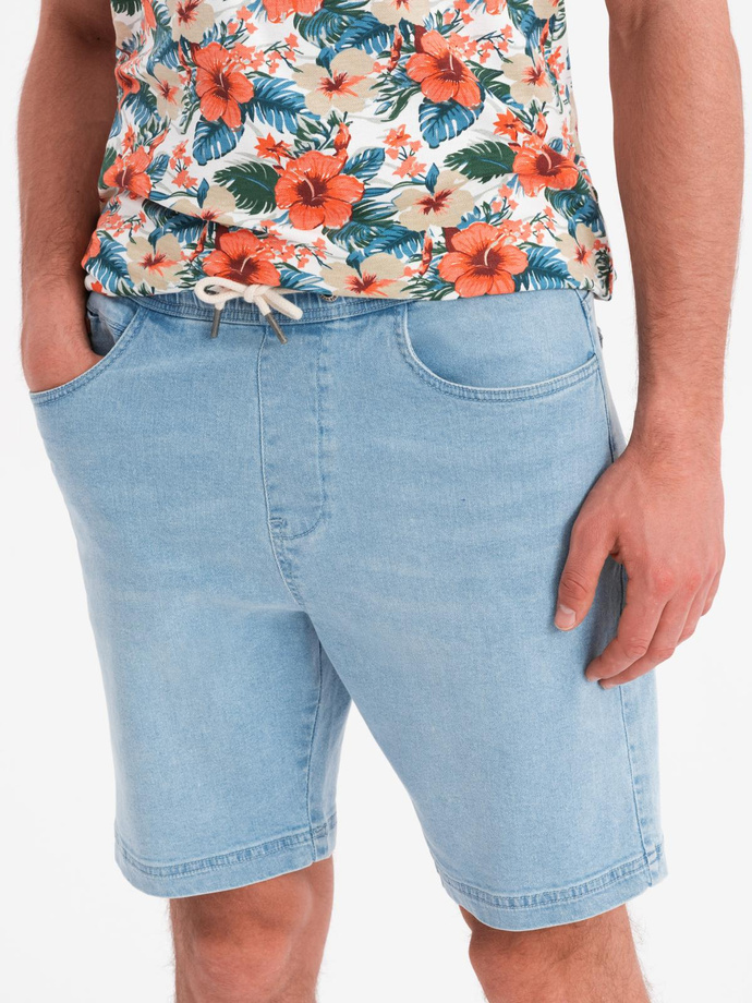 Szorty męskie z gumką w pasie i efektem sprania – jasnoniebieskie V1 OM-SRDS-0192