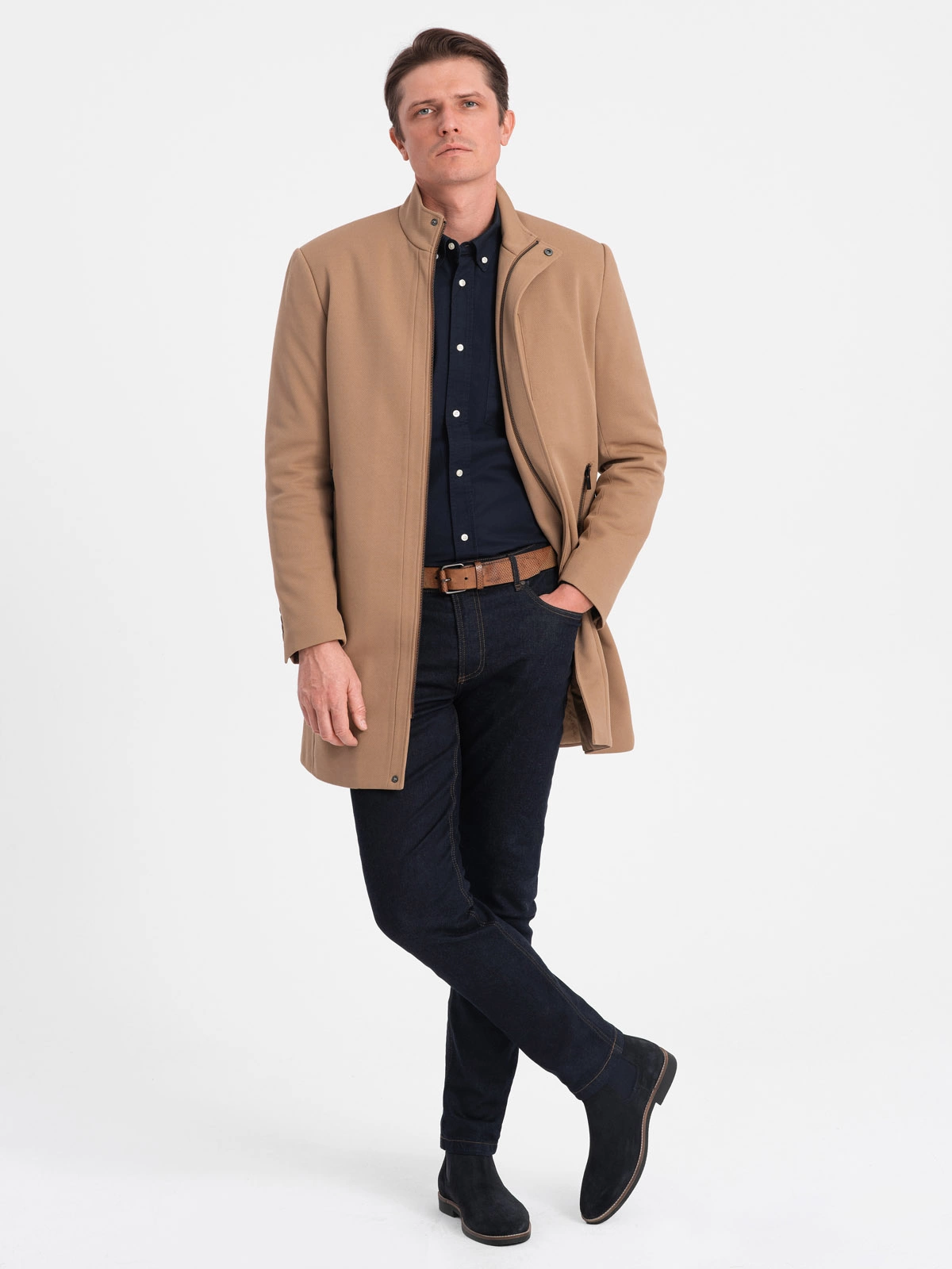 Stand collar camel coat online