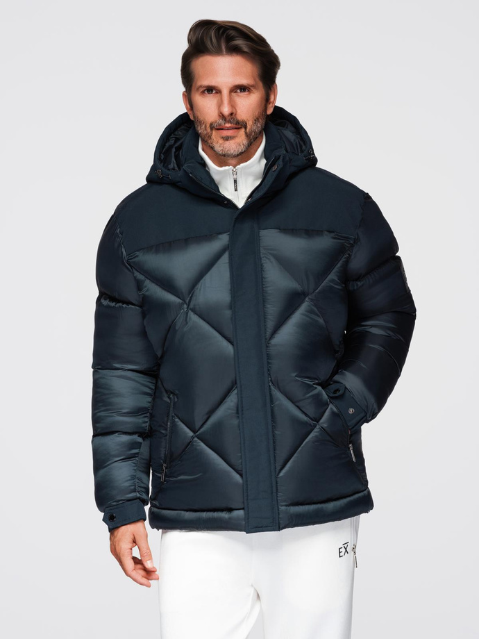 Men's quilted jacket with high zipped hood - black V1 OM-JAHP-0238