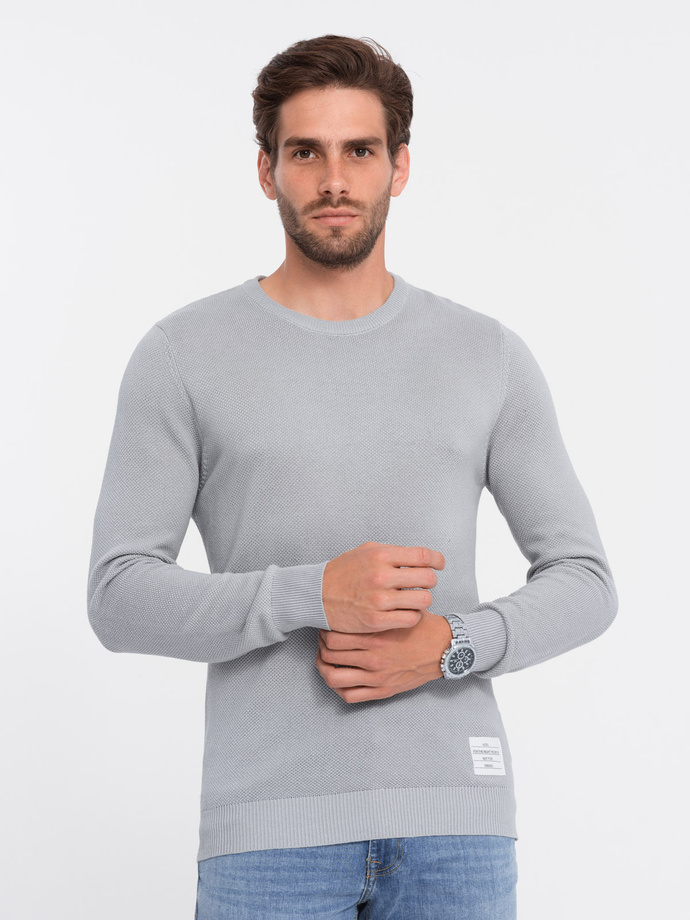 Men's textured sweater with half round neckline - light grey V5 OM-SWSW-0104