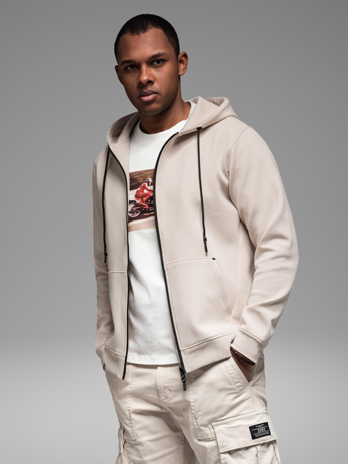 Dresowa rozpinana bluza hoodie w stylu streetwearowym – piaskowa V6 OM-SSZP-0213
