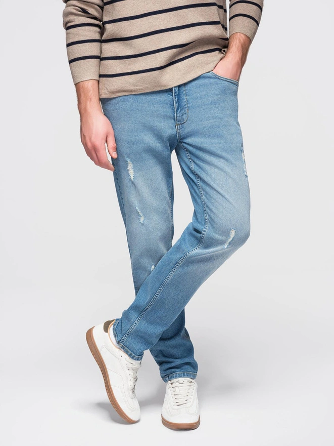Men's denim pants SLIM FIT with rubbing - light blue V1 OM-PADP-0255