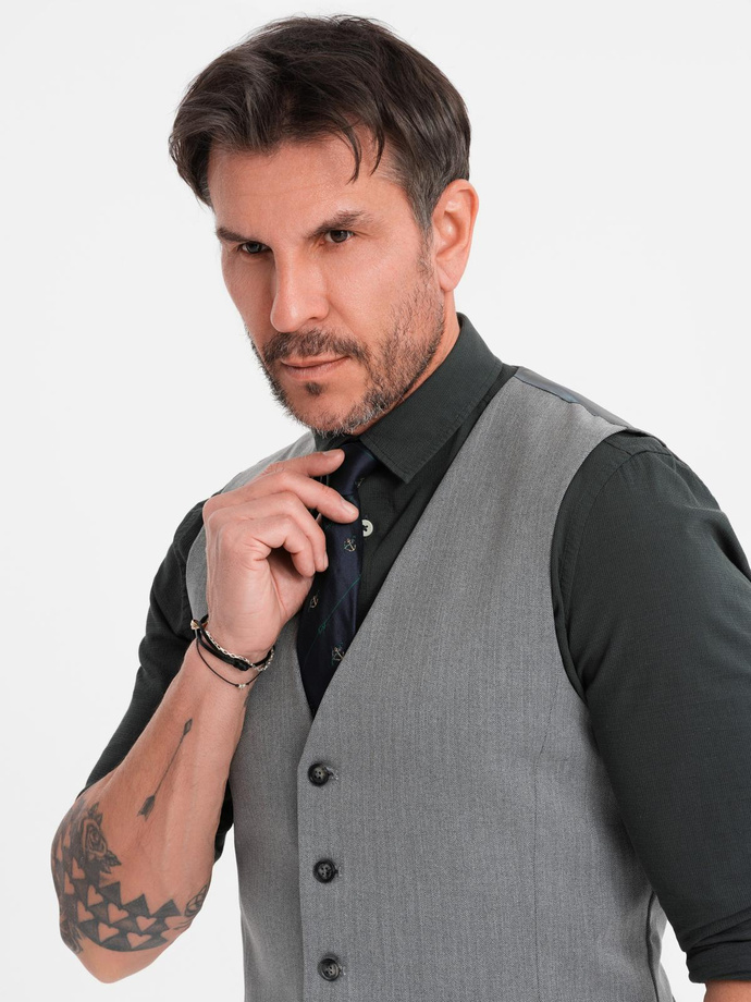 Elegancka męska kamizelka w jodełkę SLIM FIT  - szara V1 OM-BLZV-0143