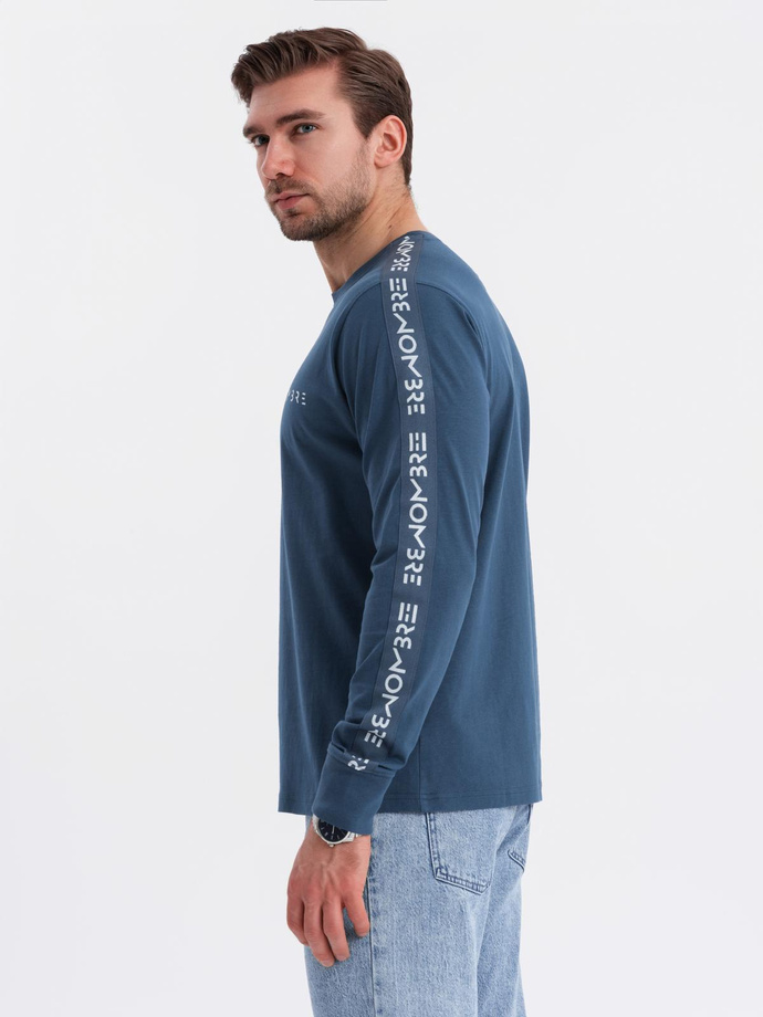 Men's cotton U-neck longsleeve with piping and chest print - dark blue V1 OM-LSCL-0127