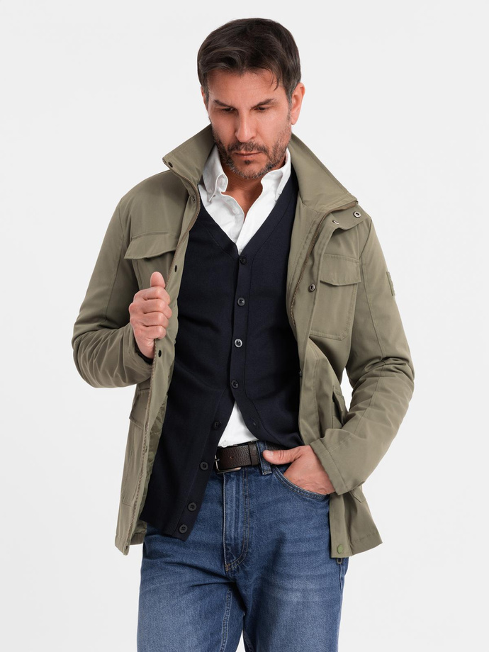 Men's lightweight jacket with pockets and high collar - khaki V3 OM-JALP-0167