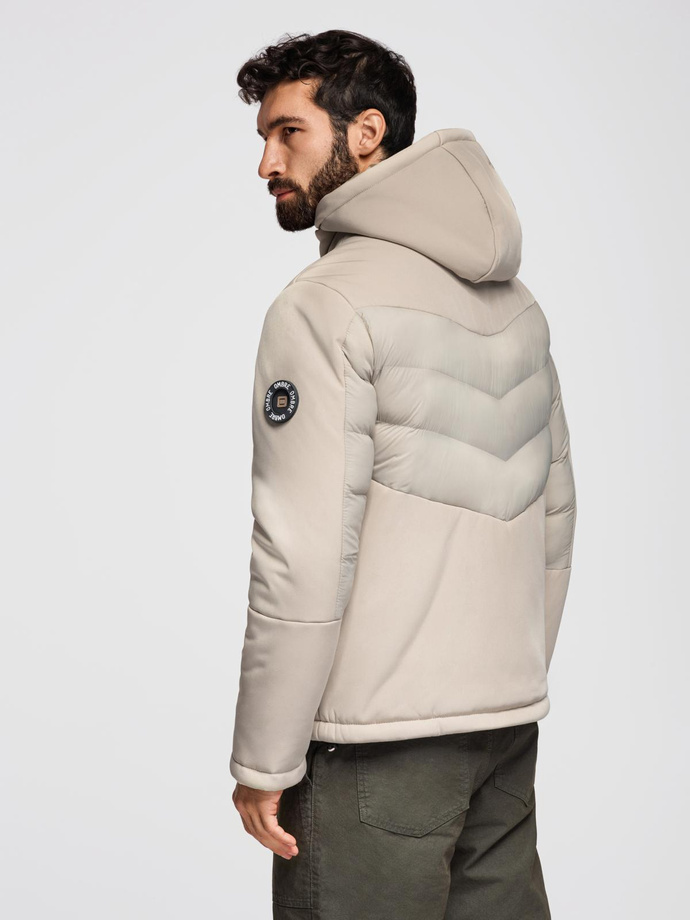 Kurtka męska pikowana z łączonych materiałów z wysokim kołnierzem – beżowa V4 OM-JALP-0172