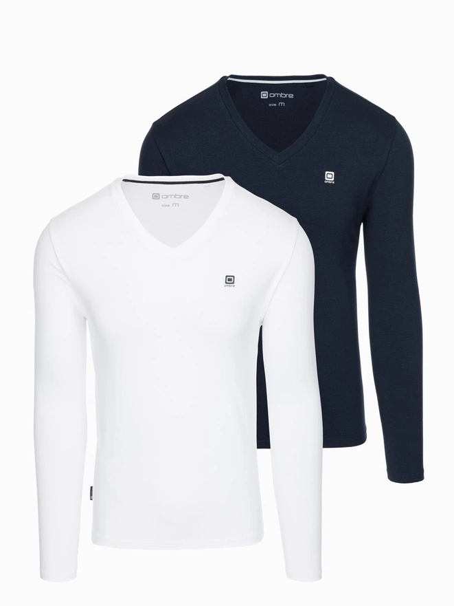 Komplet męskich longsleeve'ów SLIM FIT z dekoltem typu V i logotypem 2-pak – mix biały/granatowy V1 Z103