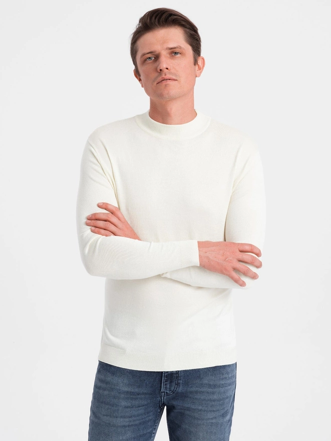Men's knitted half turtleneck with viscose - cream V4 OM-SWTN-0100