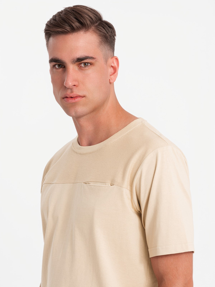 T-shirt męski LOOSE FIT z kieszonką – beżowy V1 OM-TSCT-0171