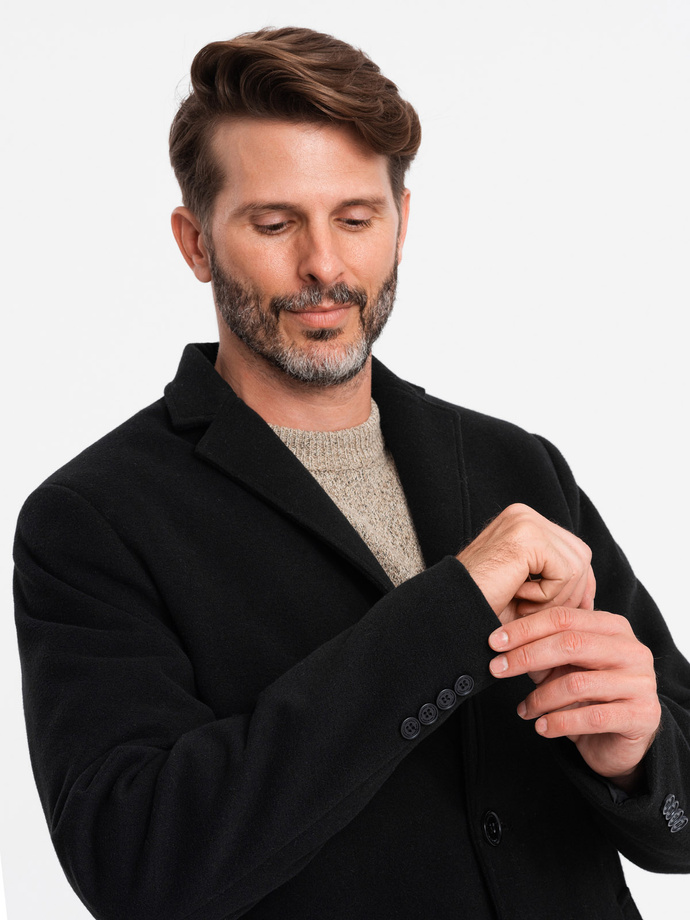 Jednorzędowy długi płaszcz męski w stylu garniturowym – czarny V1 OM-COWC-0105