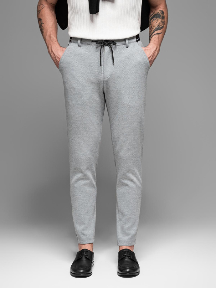 Dzianinowe spodnie męskie z gumką w pasie -  jasnoszare V1 P1514