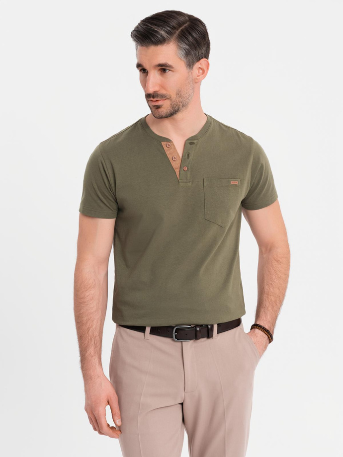 Men's T-shirt with button neckline and suede trim - dark olive V5 OM-TSCT-0206