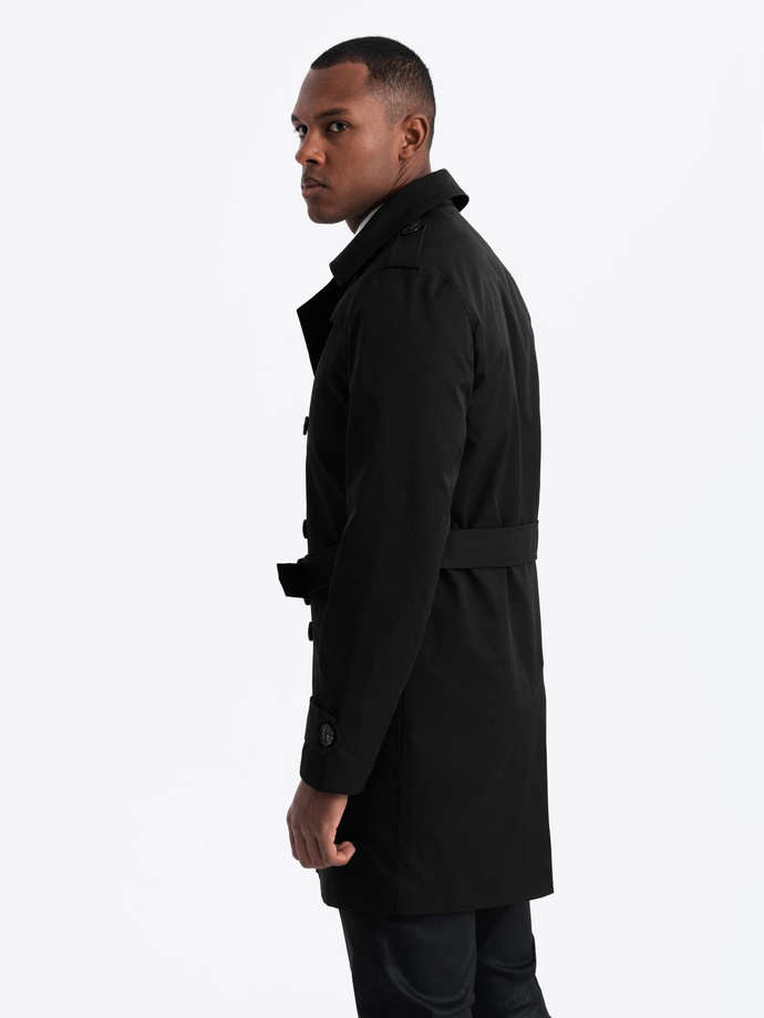 Elegant SLIM FIT men's trench coat with belt - black V2 OM-COSC-0126