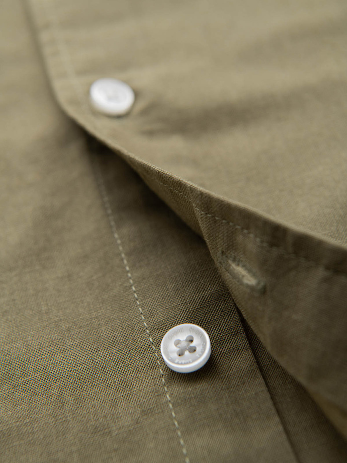 Men's short sleeve cotton and linen shirt with pocket - olive V6 OM-SHSS-0167