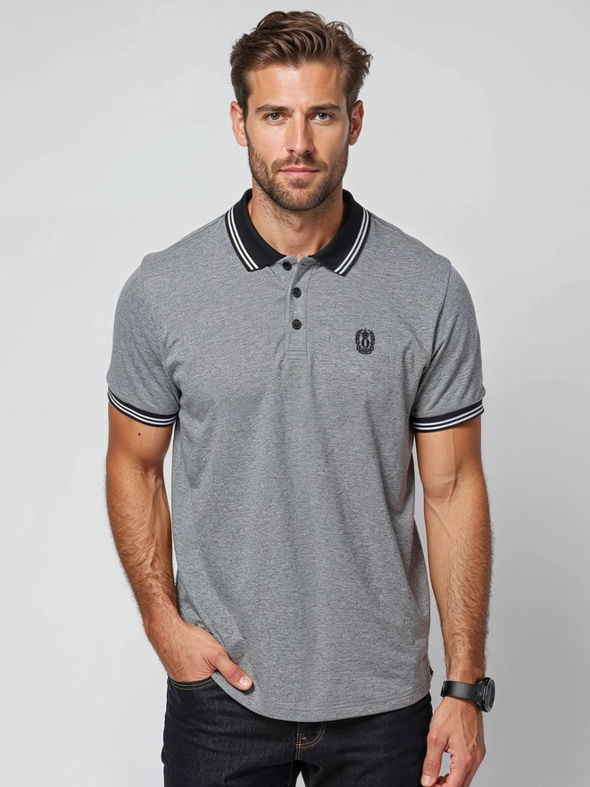 Men's melange polo shirt with striped collar - black V1 OM-POSS-0109