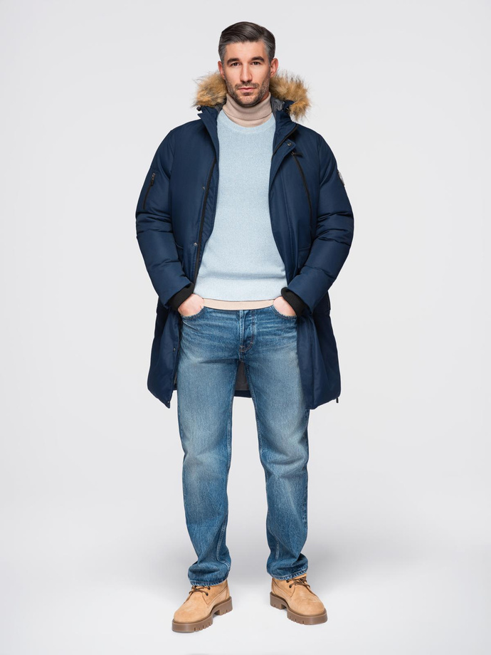 Alaskan men's winter jacket with detachable fur from the hood - navy blue V1 OM-JALJ-0148