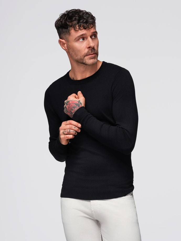 Męski klasyczny sweter z wiskozą BASIC z okrągłym dekoltem – czarny V2 OM-SWBS-0106