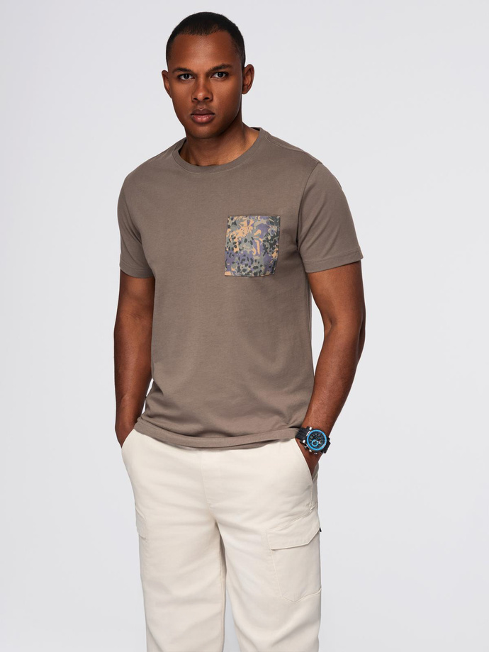 Men's cotton t-shirt with printed pocket - dark olive V1 OM-TSPT-0227