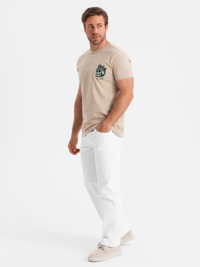 T-shirt męski bawełniany z nadrukiem na klatce piersiowej - beżowy V1 OM-TSPT-0167
