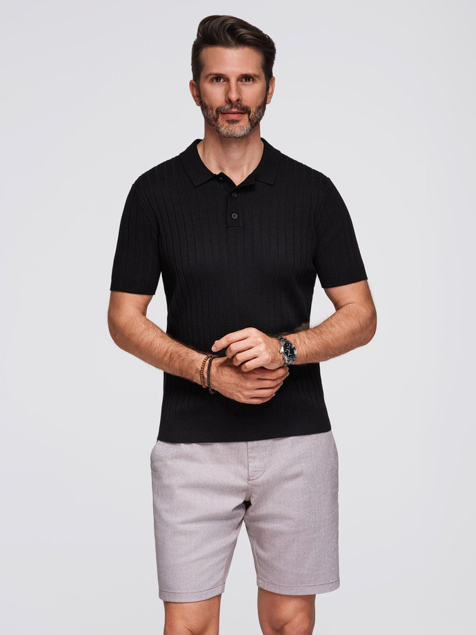 Męska koszulka polo z wiskozą SLIM FIT w pionowy prążek – czarna V1 OM-POSS-0143