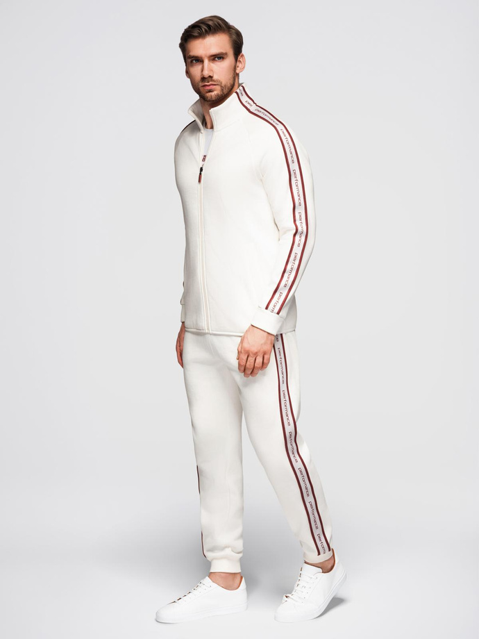 Męska bluza rozpinana z lampasami i wysoką stójką – kremowa V2 OM-SSZP-0224