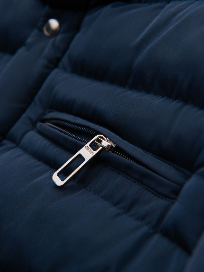 Men's quilted jacket with stand-up collar and chest zips - navy blue V2 OM-JALP-0260
