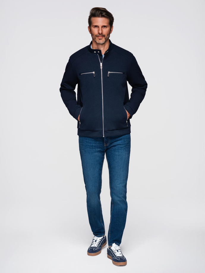 Męska kurtka typu biker ze stójką i kieszeniami – granatowa V1 OM-JALP-0157