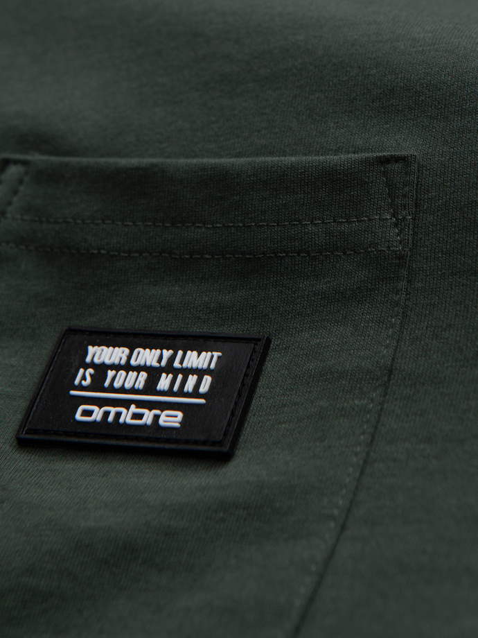 Casual men's t-shirt with patch on pocket - dark olive V4 OM-TSCT-0109