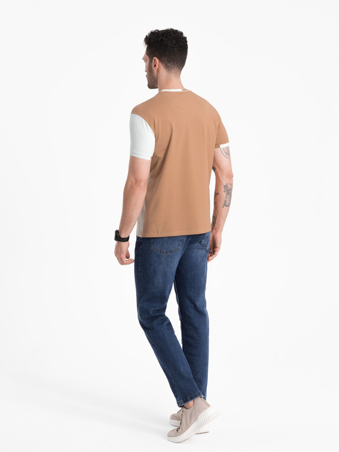 Men's elastane t-shirt with colored sleeves - brown V1 OM-TSCT-0176