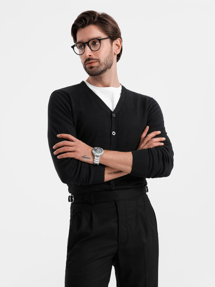 Monochromatyczny dzianinowy męski kardigan z wiskozą – czarny V2 OM-SWCD-0126