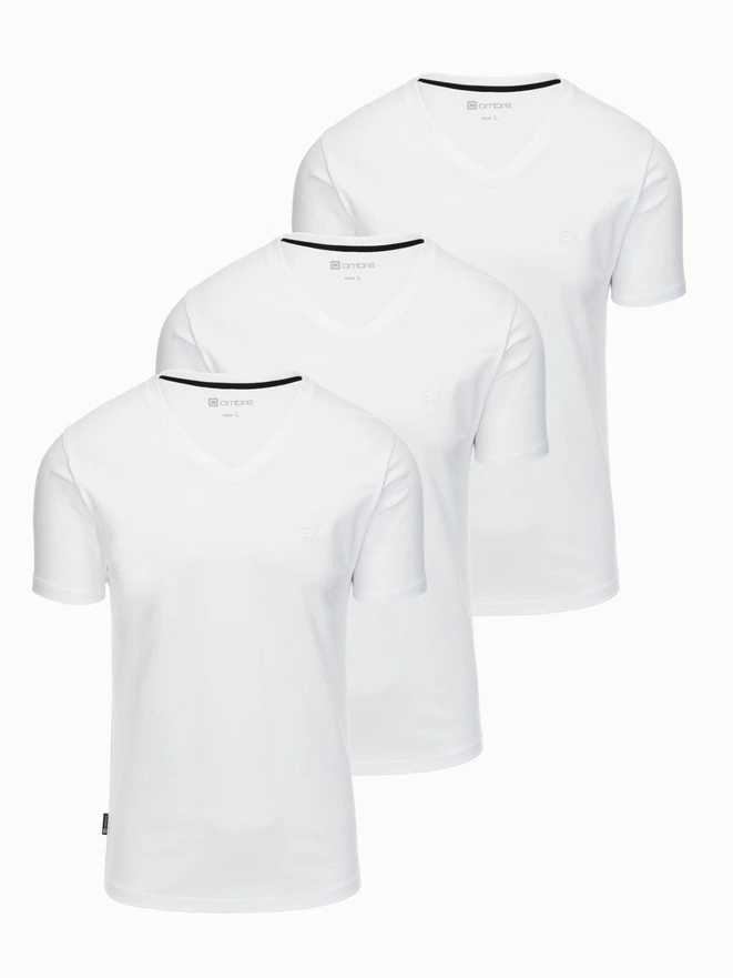 Set of shirts with V neckline and elastane and subtle logo 3-pack - 3x white V2 Z100