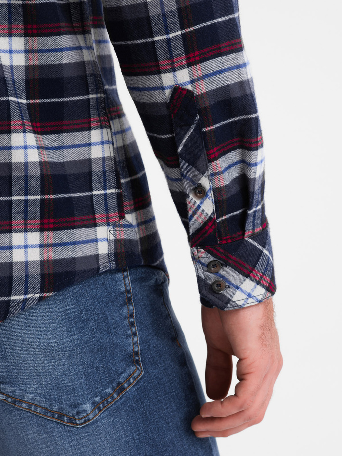 Men's checkered flannel shirt with pockets - navy blue and red V2 OM-SHCS-0149