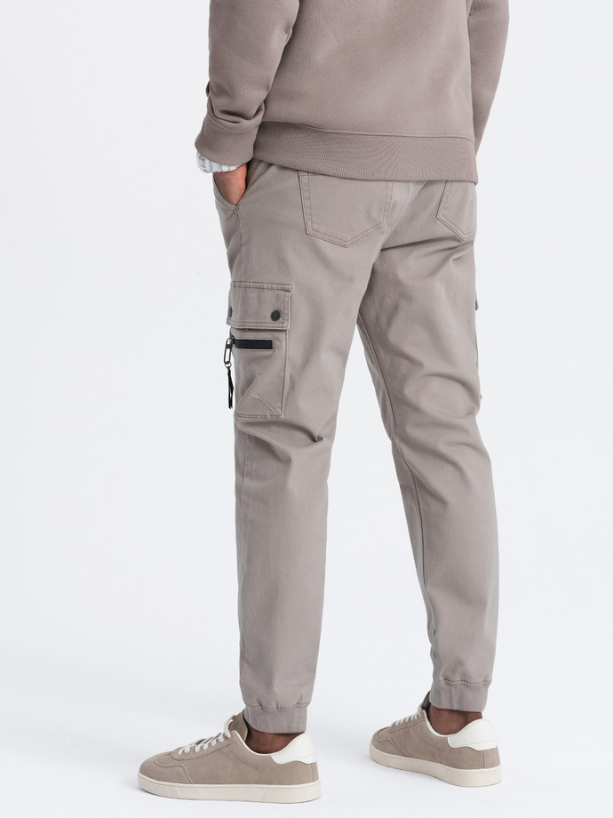 Men's JOGGER pants with zippered cargo pockets - dark beige V2 OM-PAJO-0125