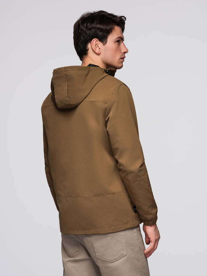 Men's lightweight jacket with waterproof coating and hood- brown V2 C638