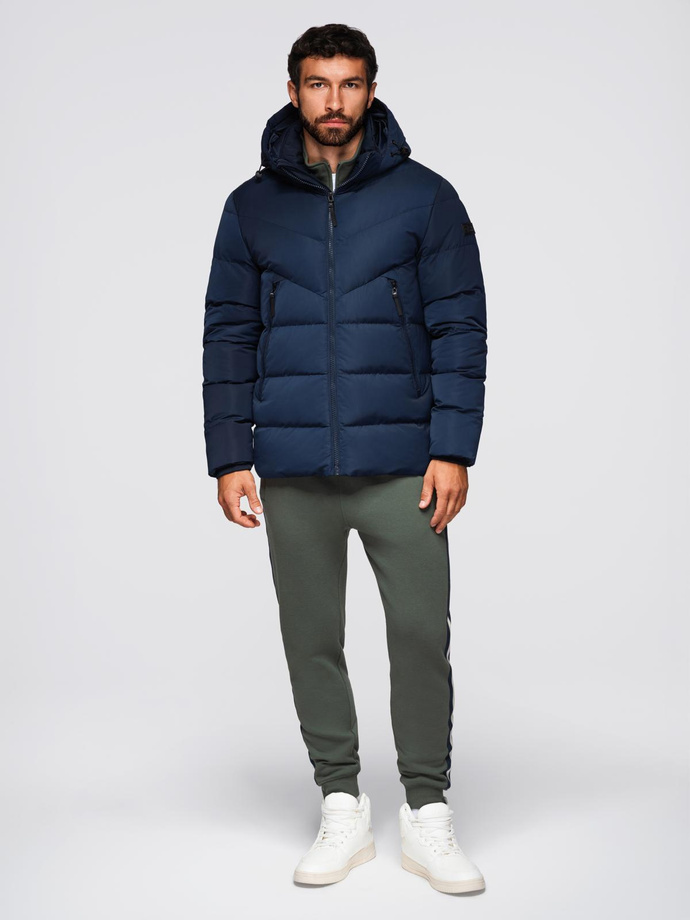 Men's jacket with asymmetrical quilting and hood - navy blue V4 OM-JAHP-0304