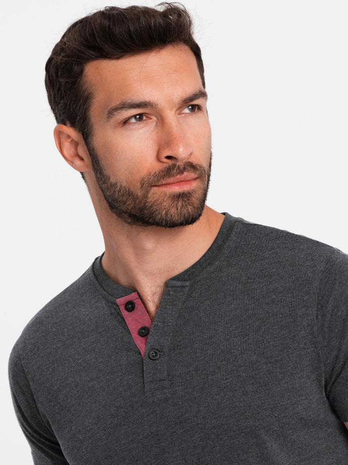 Men's t-shirt with unbuttoned round henley neckline - black V4 OM-TSCT-0155